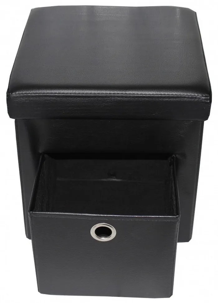 Taburet cu cutie de depozitare si sertar HouseXL™ 6100, Dimensiuni 38X38X38cm, Max 150 kg, Capac moale din piele ecologica, Negru