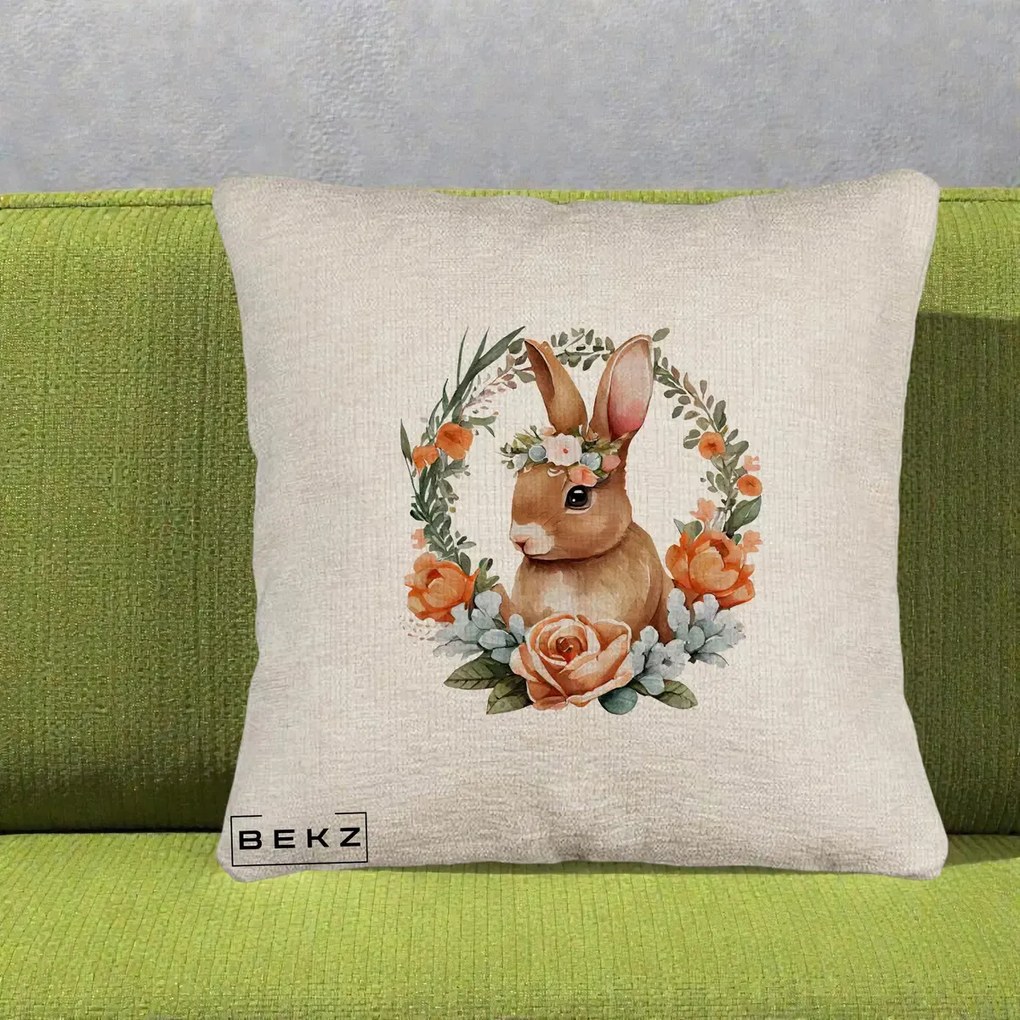 Perna Decorativa Iepuras Floral Coronita Acuarela, 40x40 cm, Bej Canapea, Husa Detasabila, Perna Inclusa, BEKZ®