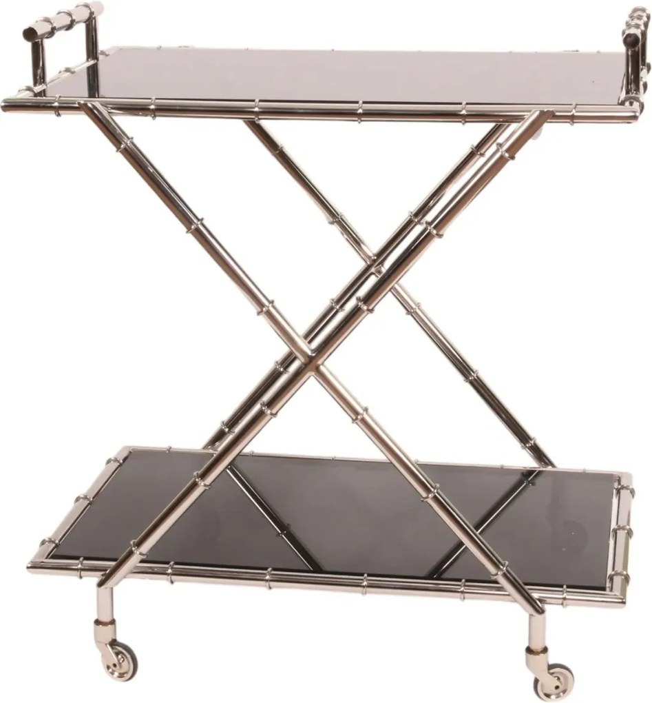 Cărucior de servire din oțel și sticlă, argintiu, cu două rafturi din sticlă, pe roți, cu picioare încrucișate, finisaj patinat, 88 x 82 x 56 cm,