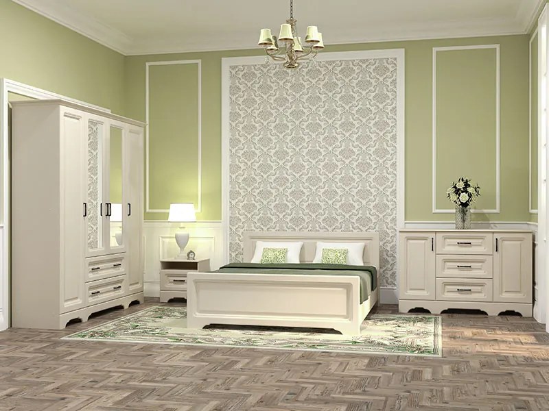 Dormitor MDF Bavaria, Dulap 4 Usi si 2 Sertare, Vanilie Mat