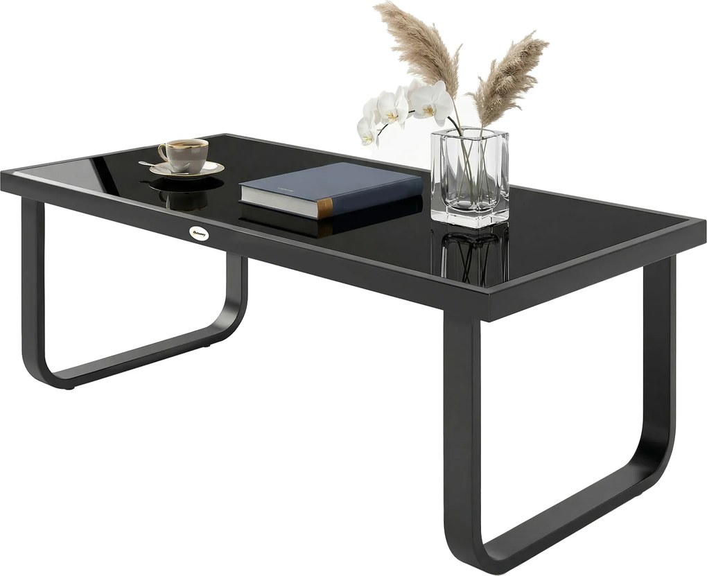 Outsunny Măsuță de grădină dreptunghiulară, picioare curbate, blat din sticlă securizată, pentru terasă balcon, 90x45x33cm, Negru | Aosom Romania