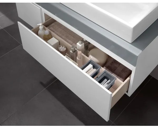 Dulap baza suspendat cu blat sticla, Memento Villeroy&amp;Boch, lavoar stanga, 80.6x46x37cm, alb/gri, C779L0MT