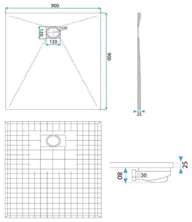 Rea Bazalt Carrara Black cadita de dus patrata x90 cm negru REA-K7003