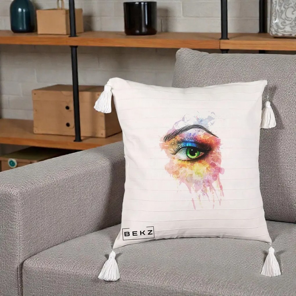 Perna Decorativa Ochi Verde Acuarela, 40x40 cm, Bej cu Franjuri, Husa Detasabila, Perna Inclusa, BEKZ®