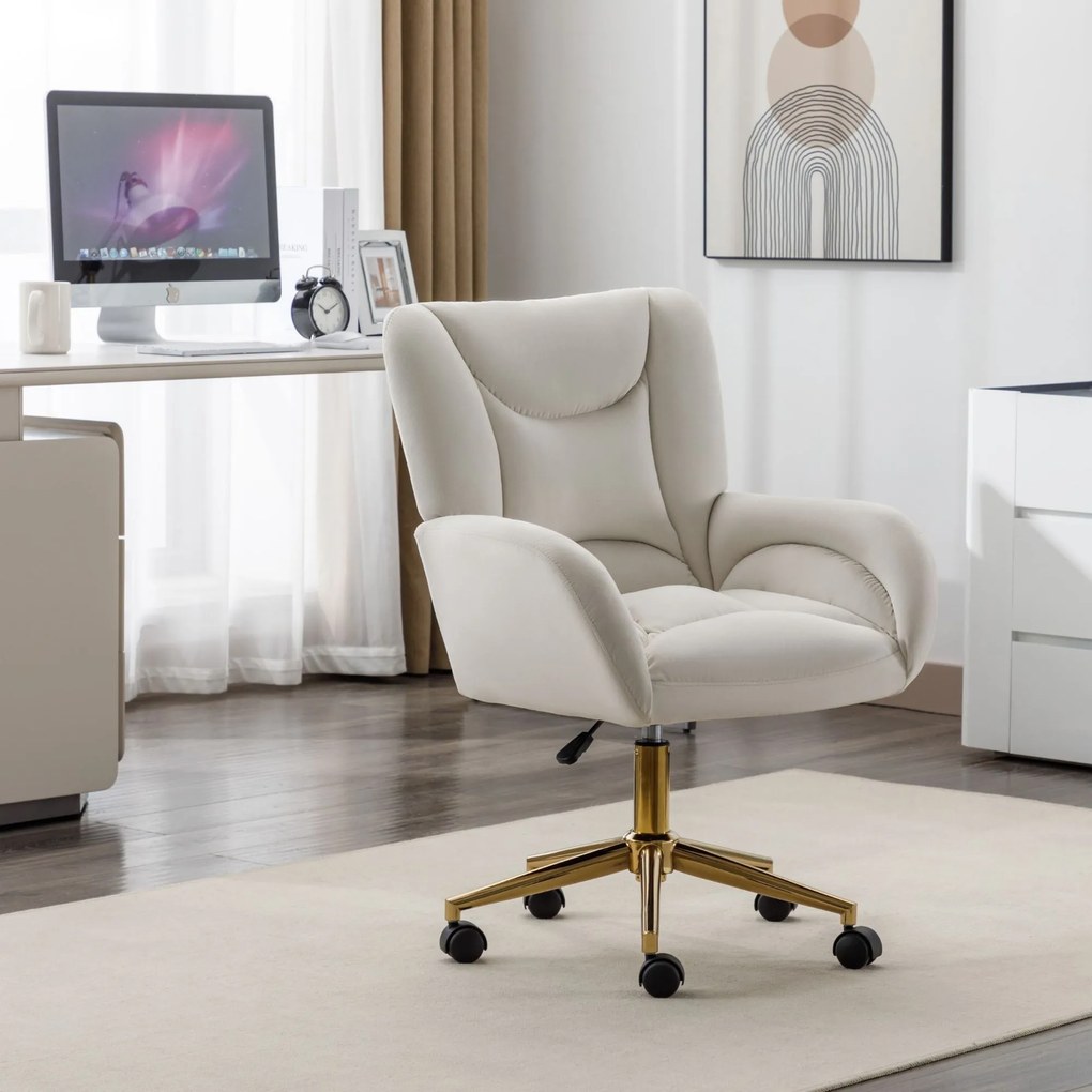 Scaun rotativ reglabil pe înălțime, din material de catifea și picioare aurii, design ergonomic, pentru birou, dormitor, 62x64x88-97 cm, Fildeș