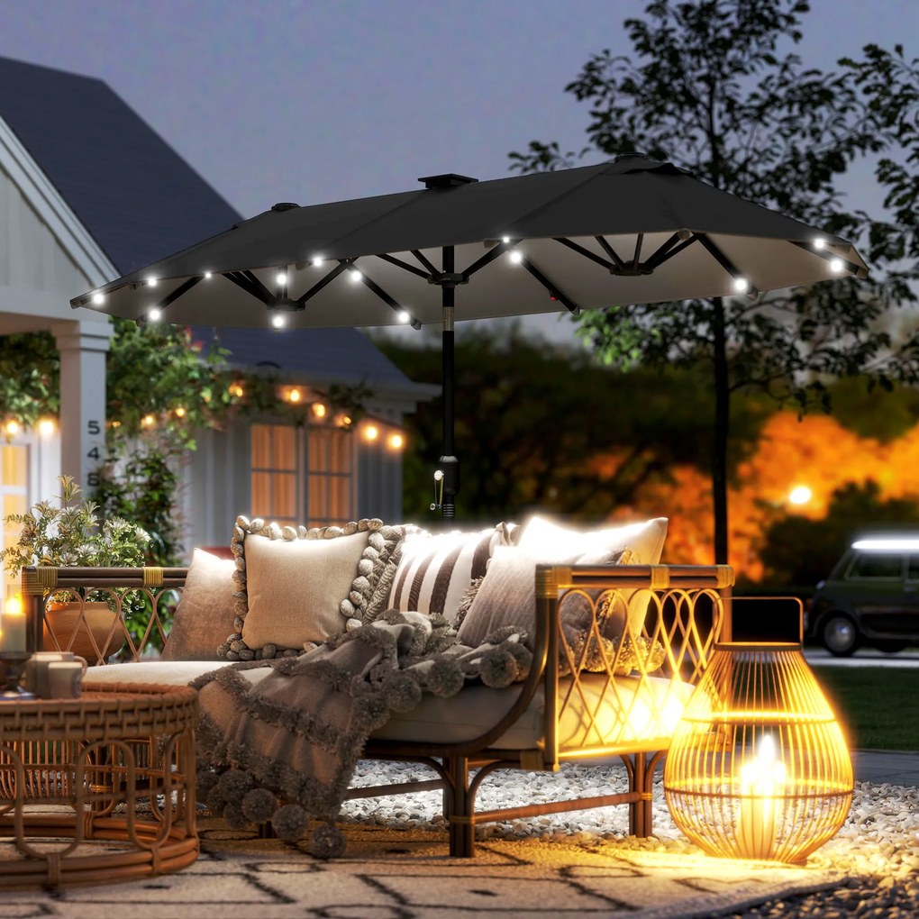 Outsunny Umbrelă dublă, umbrelă pentru terasă, înclinabilă, cu panou solar, 35 LED-uri, cadru din oțel, gri, 2,92 x 1,50 x 2,18 m | Aosom Romania