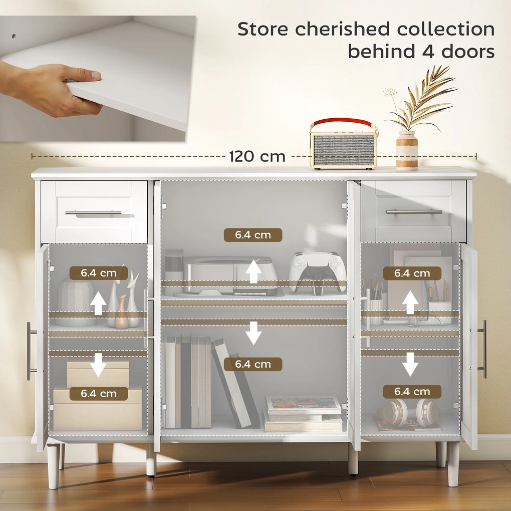 HOMCOM Mobilier de Sufragerie, Credență cu 2 Sertare și 3 Dulapuri cu Rafturi Reglabile, Comodă cu Picioare din Pin pentru Sala de Mese și Bucătărie, 120x38x86 cm, Alb | Aosom Romania