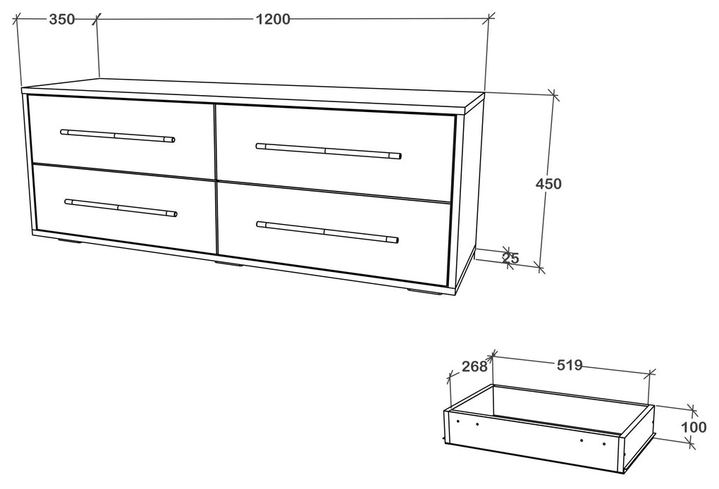 Comoda TV Siena, 4 Sertare, Alb, 120 x 35 x 45 cm
