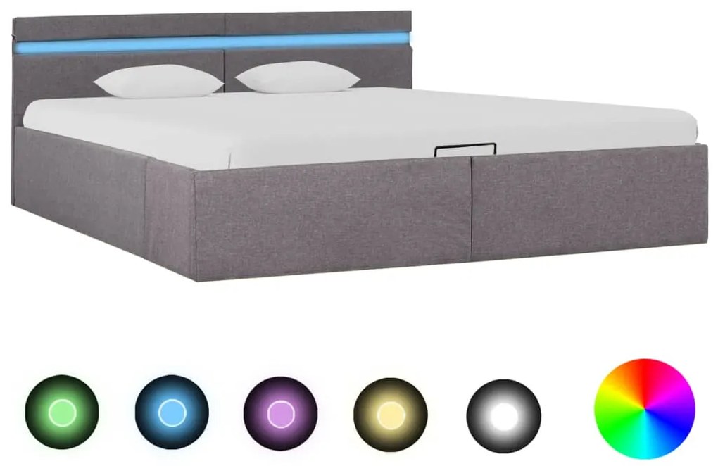 285629 vidaXL Cadru pat hidraulic ladă și LED, gri taupe, 180x200 cm, textil