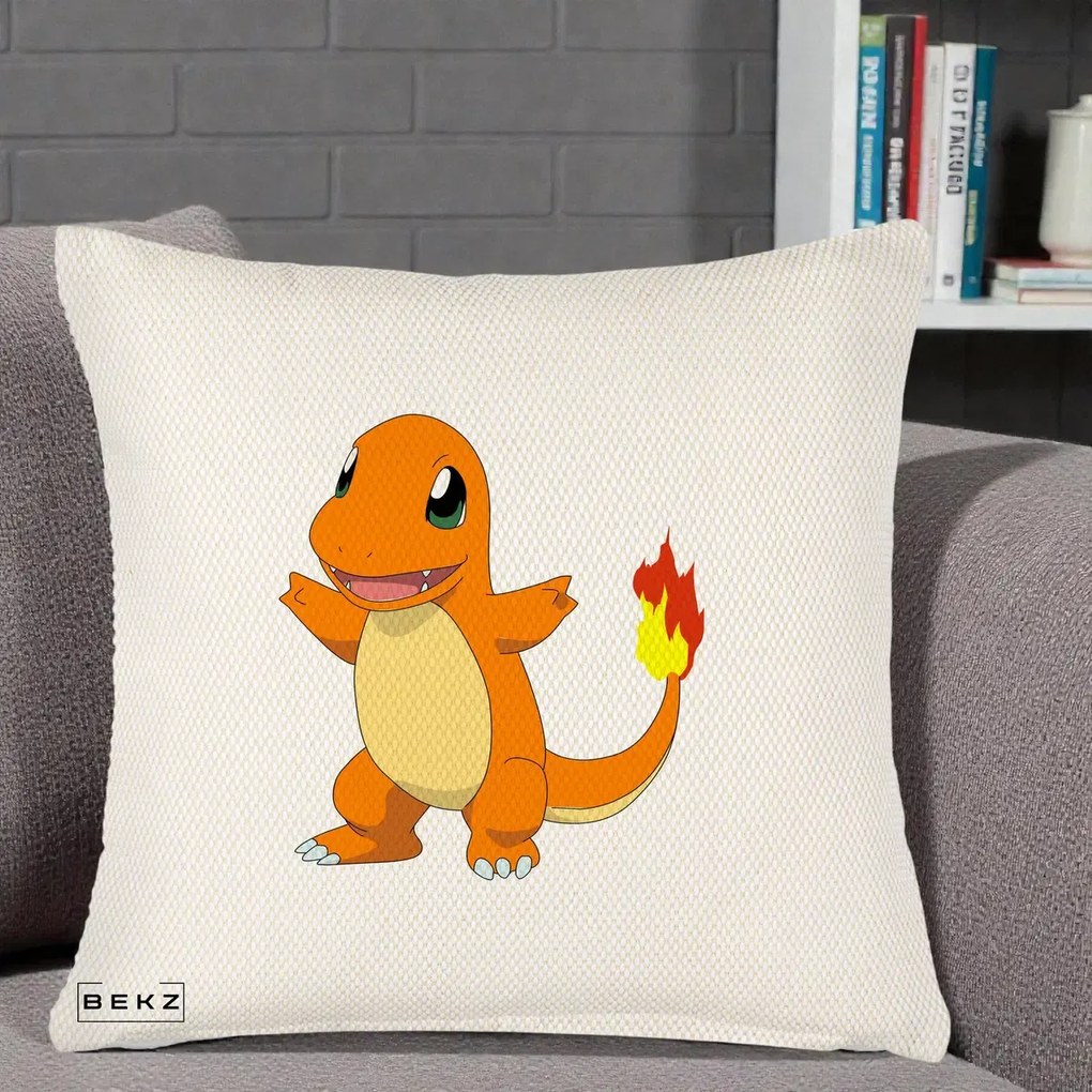 Perna Personalizata Charmander Pokemon, 40x40 cm, Crem Reliefat, Husa Detasabila, Perna Inclusa, BEKZ®
