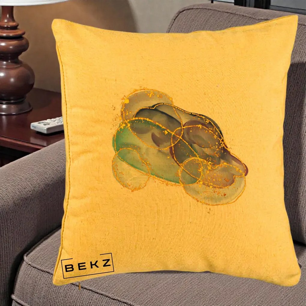 Perna Decorativa Abstract Acuarela Albastru-Mov cu Cercuri Aurii, 40x40 cm, Galben, Husa Detasabila, Perna Inclusa, BEKZ®