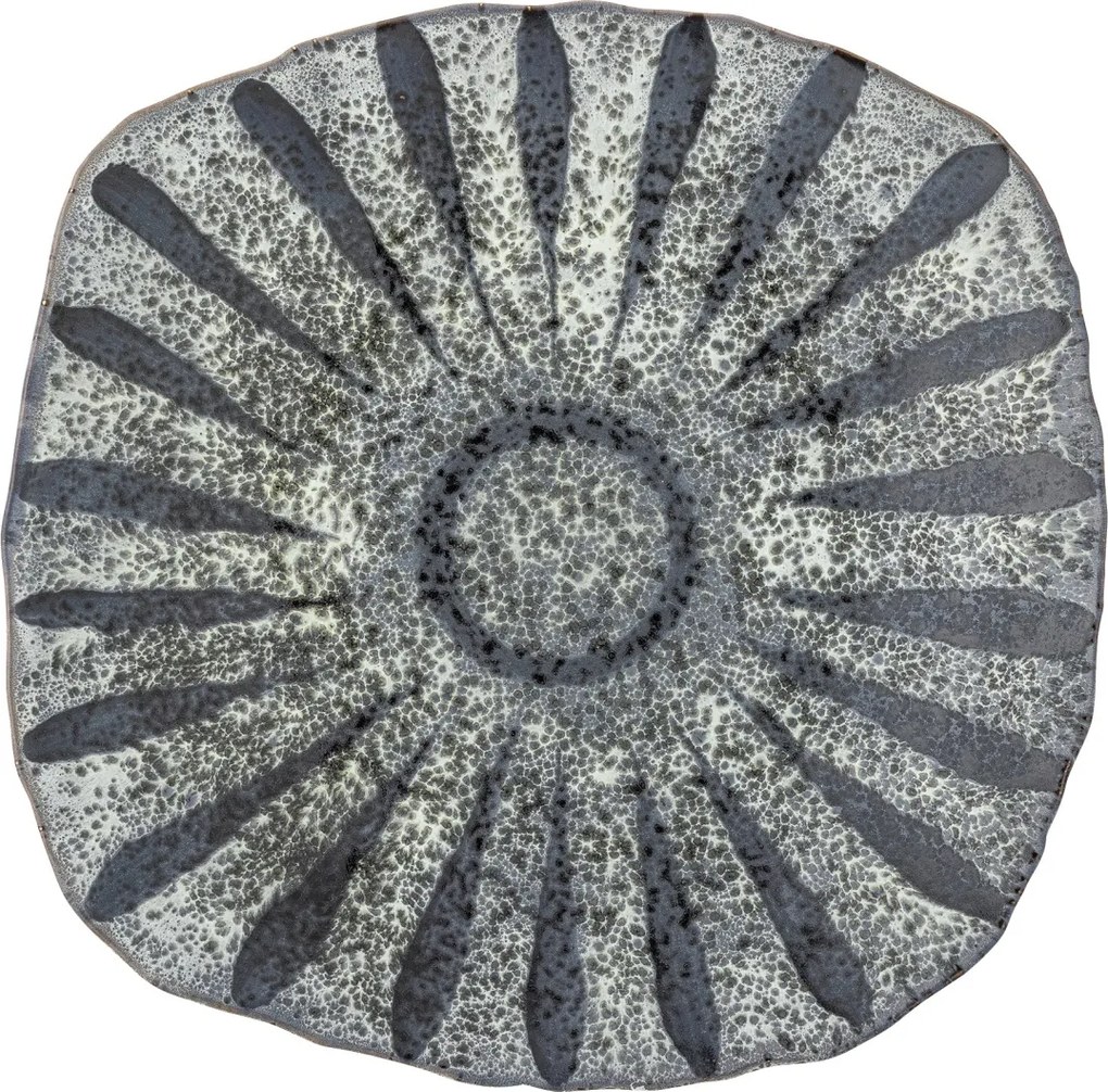 Platou de servire din ceramică, gri, model soare pictat manual, glazură reactivă, 6 x 32 cm, „Ramie”