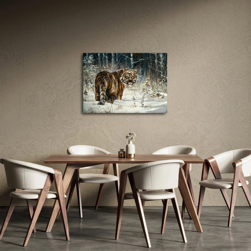 Tablou - Tigru într-o pădure înzăpezită, pictură în ulei (70x50 cm)