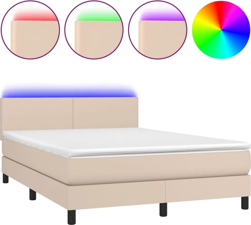 vidaXL Pat cu arcuri, cu saltea și LED cappuccino 140x190 cm piele eco