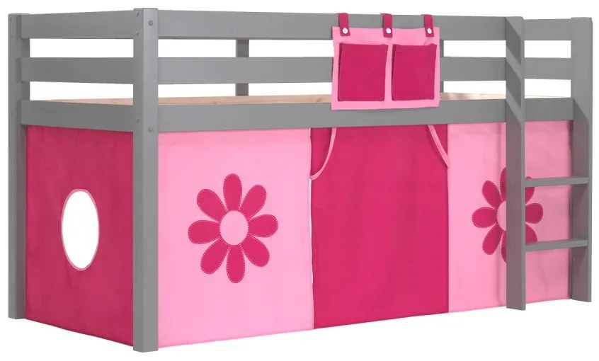 Pat copii supraînălțat Vanessa din lemn masiv de pin, gri lăcuit, cu husă Pink Flower pentru copii [Dimensiuni: 208x98x114 cm]