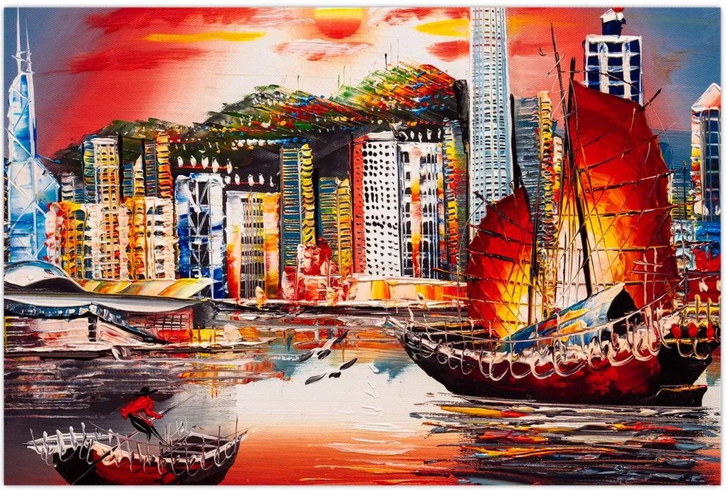 Tablou - Victoria Harbour, Hong Kong, pictură în ulei (90x60 cm)