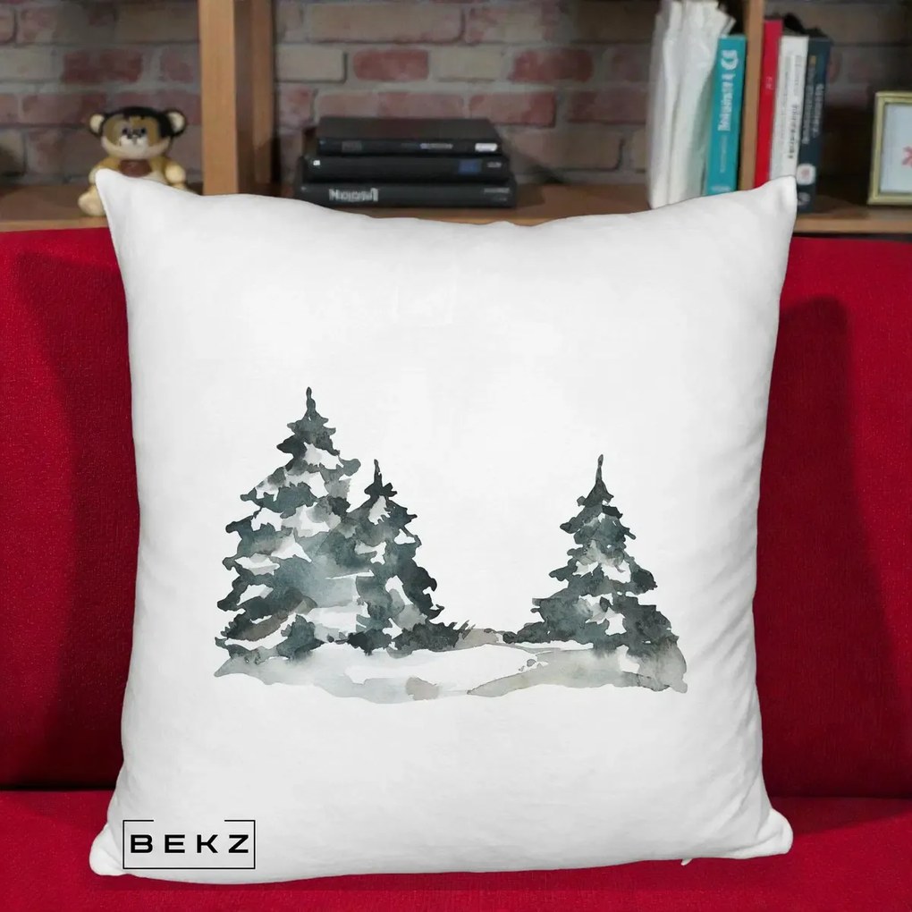 Perna Decorativa Brazi Inzapeziti Acuarela, 40x40 cm, Alb Pufos, Husa Detasabila, Perna Inclusa, BEKZ®