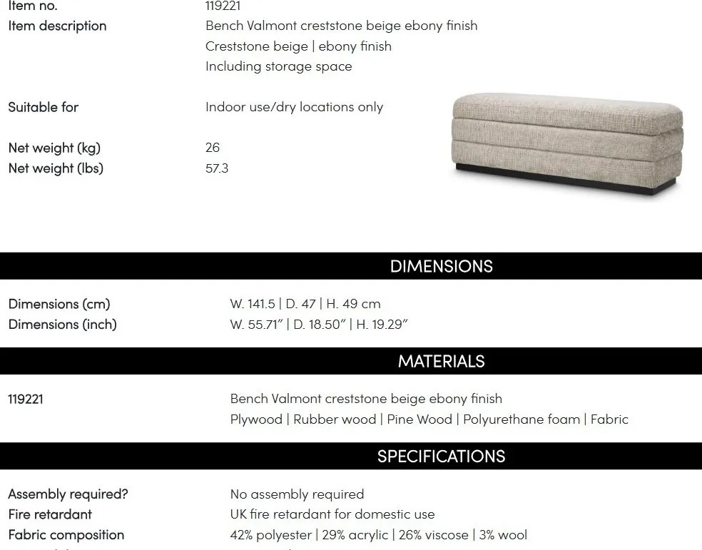 Bancheta cu spatiu de depozitare Valmont, Creststone beige