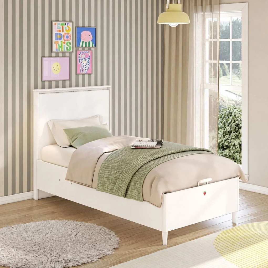 Pat cu lada de depozitare pentru copii 140x200 cm   Design modern, port USB, colectia Varia White