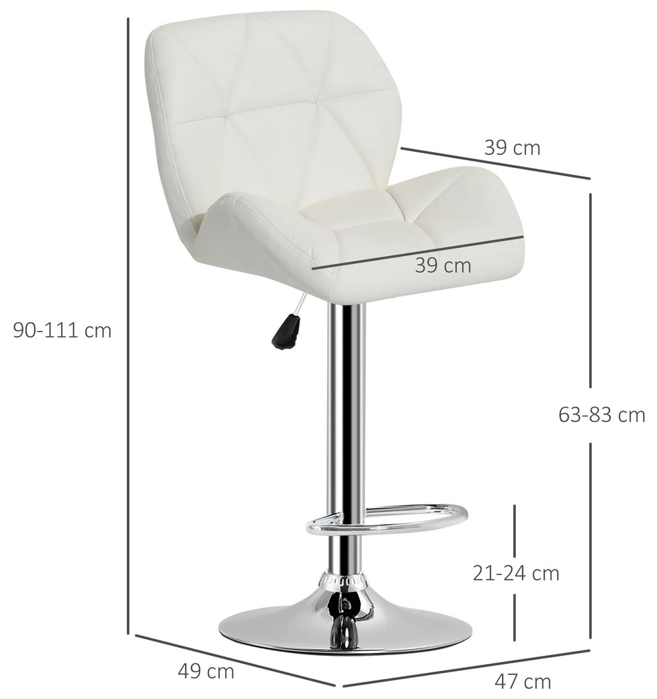 HOMCOM Scaun de Bar Pivotant cu Tapițerie din Piele Artificială, Scaun de Bucătărie cu Spătar și Înălțime Reglabilă, 47x49x90-111 cm, Alb