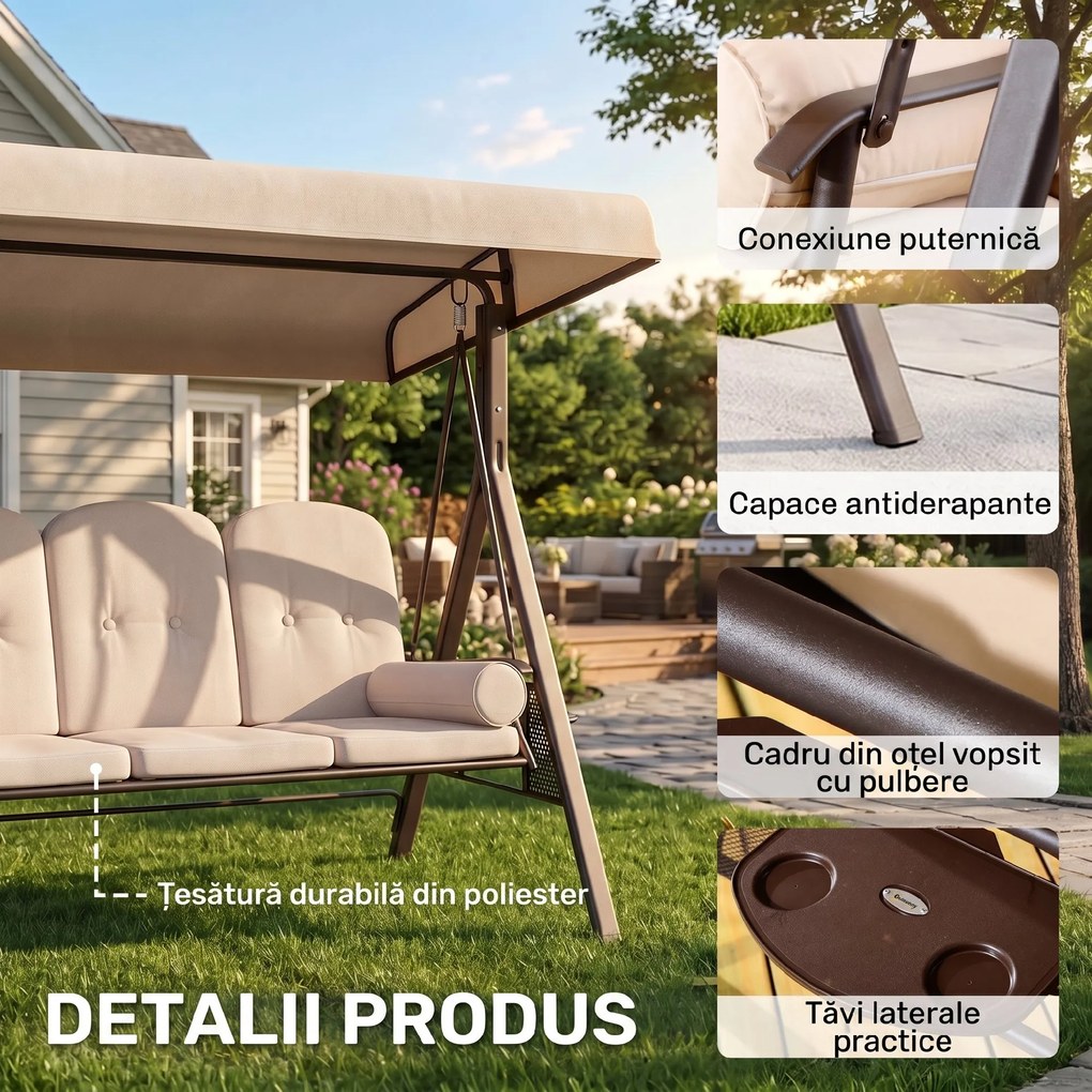 Outsunny Leagăn de Grădină cu 3 Locuri, Acoperiș Reglabil, Suport pentru Pahare și Perne, 207x120,5x174 cm, Bej | Aosom Romania