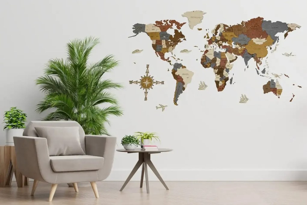 Harta lumii, din lemn - decorațiune 3D pentru perete, fabricată manual