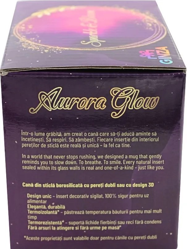 Cană cu model 3D steluță galbenă, pereți dubli, sticlă borosilicată și inserție de sclipici, 300 ml, Aurora Glow