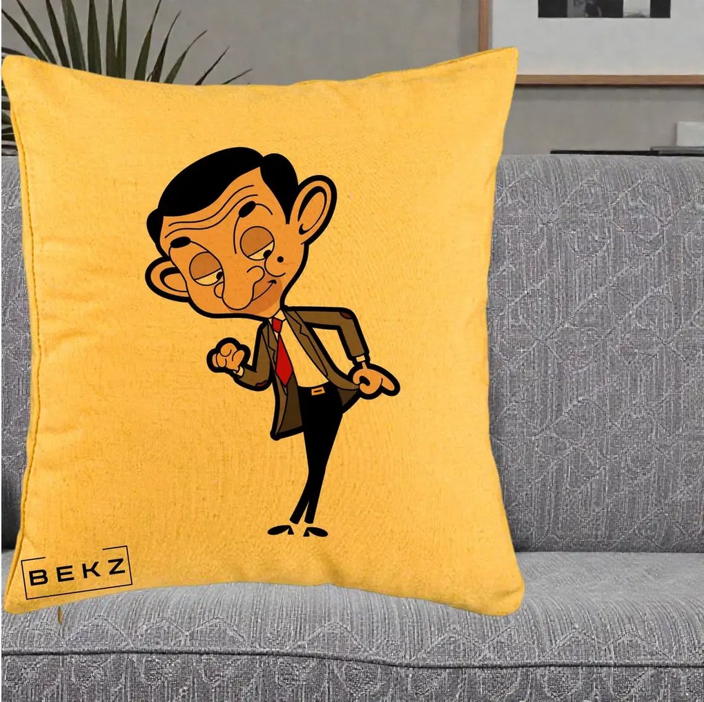 Perna Personalizata Mr. Bean Caricatura, 40x40 cm, Galben, Husa Detasabila, Perna Inclusa, BEKZ®