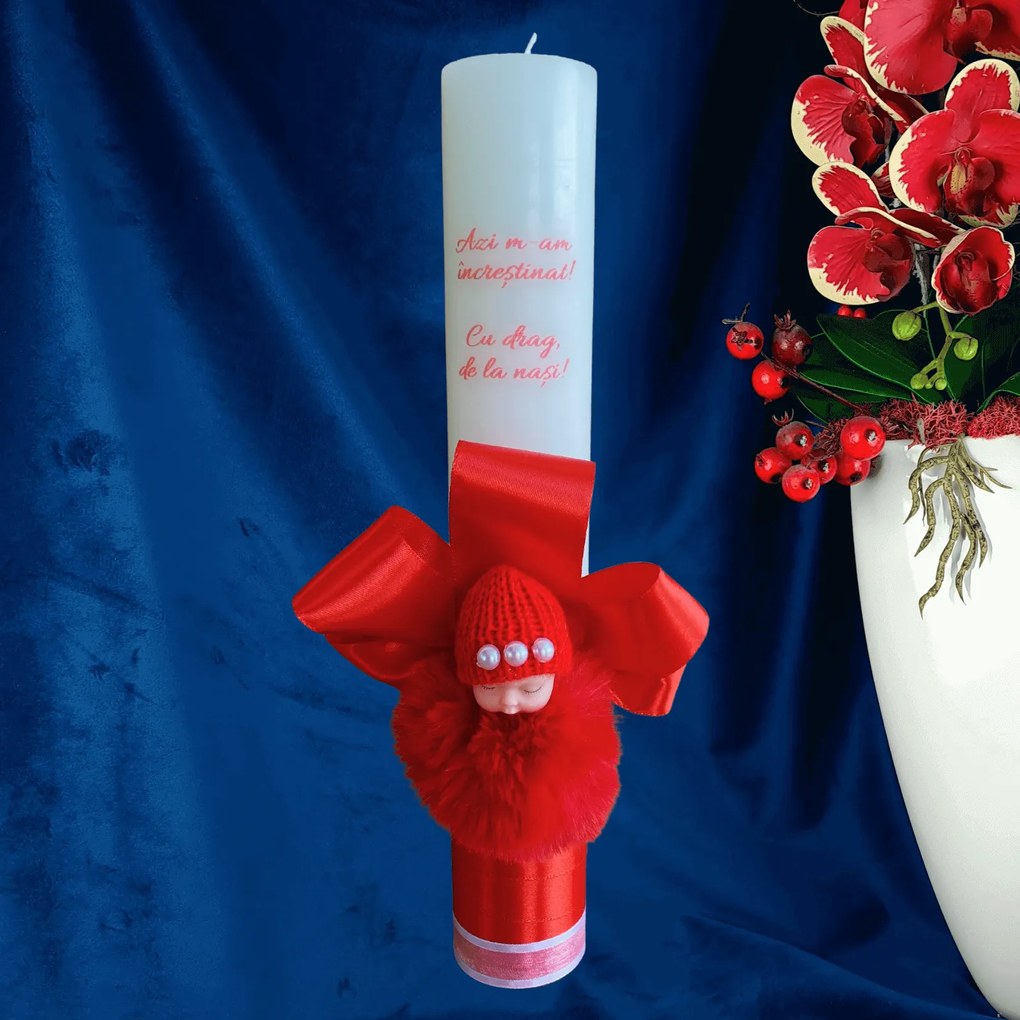 Lumanare botez decorata Cu drag de la nasi cu rosu 4,5 cm, 35 cm