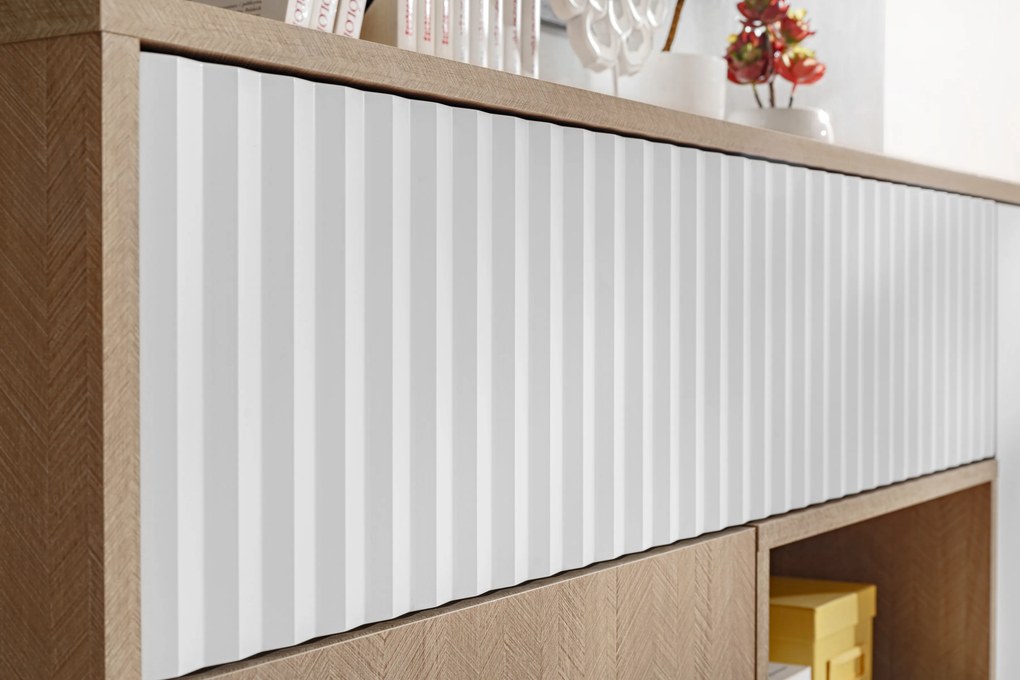 Comodă TV Bliwon 148 cm cu sertare - herringbone scandi/alb mat