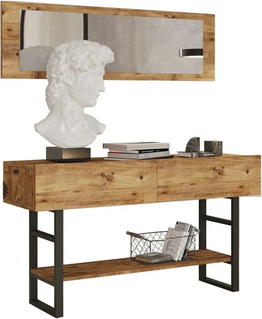 Set consola cu oglinda ML24-A, stejar/negru, PAL melaminat/metal