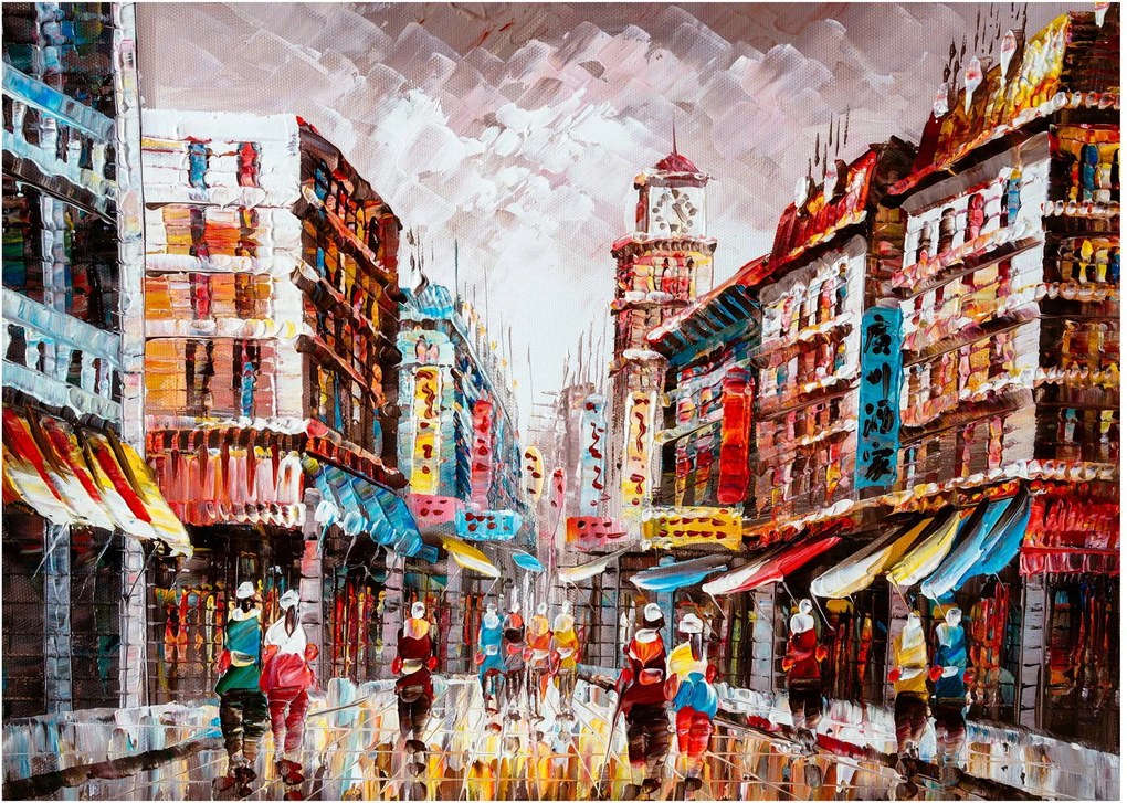 Tablou pe sticlă - Hong Kong, pictură în ulei (70x50 cm)
