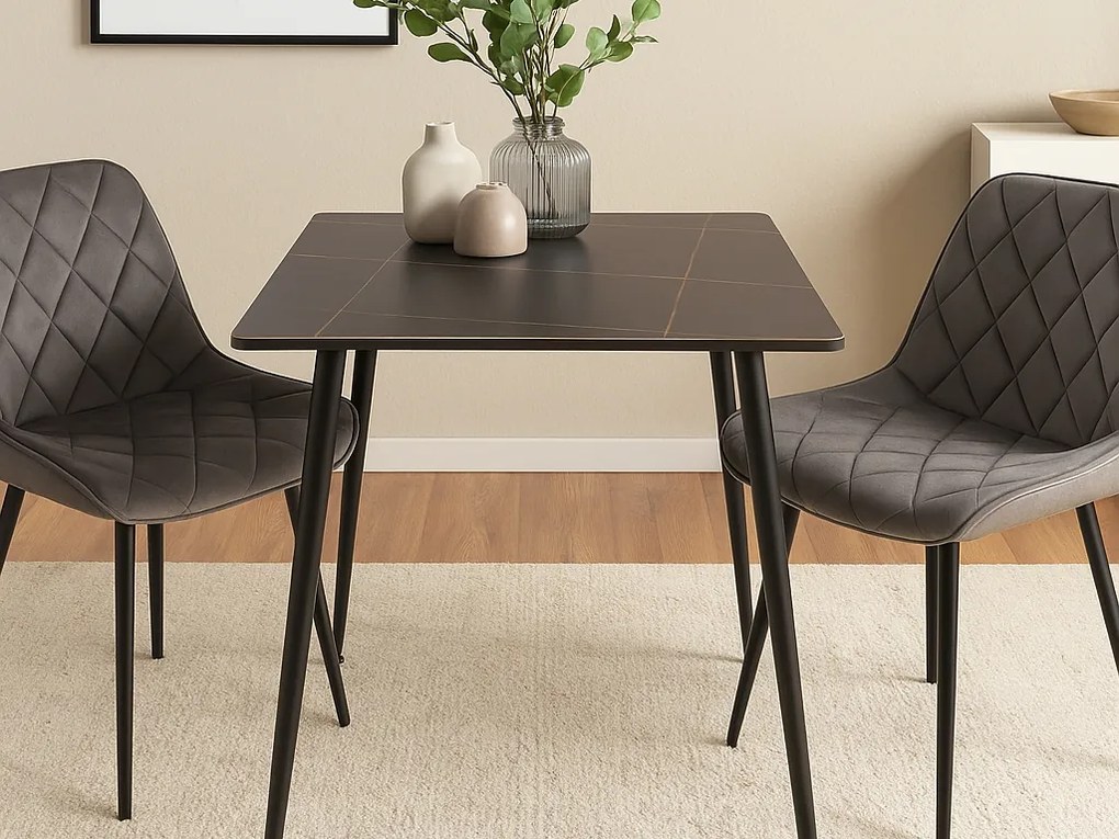 Masa de dining RION 80x80 cm cu blat ceramic, marmura neagra
