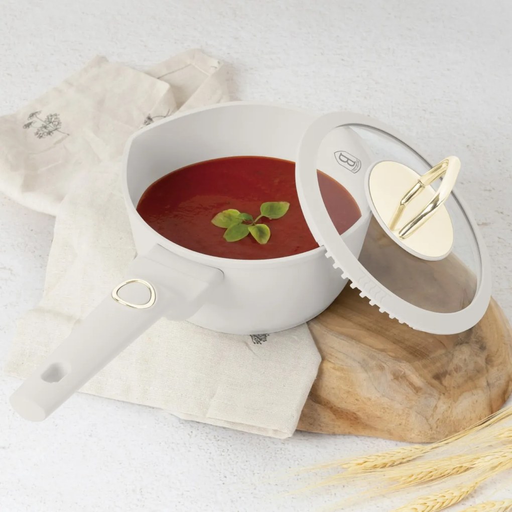Oală pentru sos cu capac 16 cm, 1.2L – Berlinger Haus Sahara Collection BH 8058, crem, antiaderentă, pentru rețete rapide și încălzire