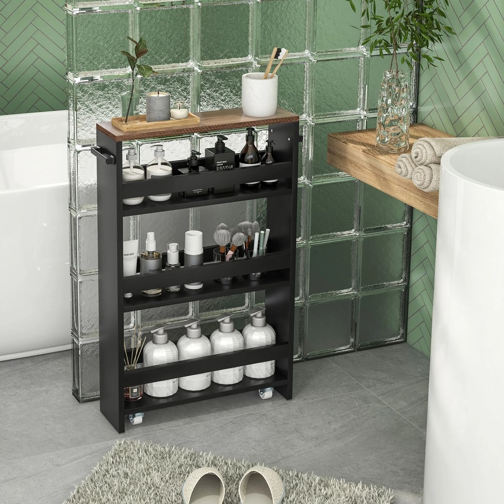 HOMCOM Cărucior de depozitare pe roți 3 nivele de depozitare și mâner, dim. 51,5l x 13l x 80H cm | Aosom Romania
