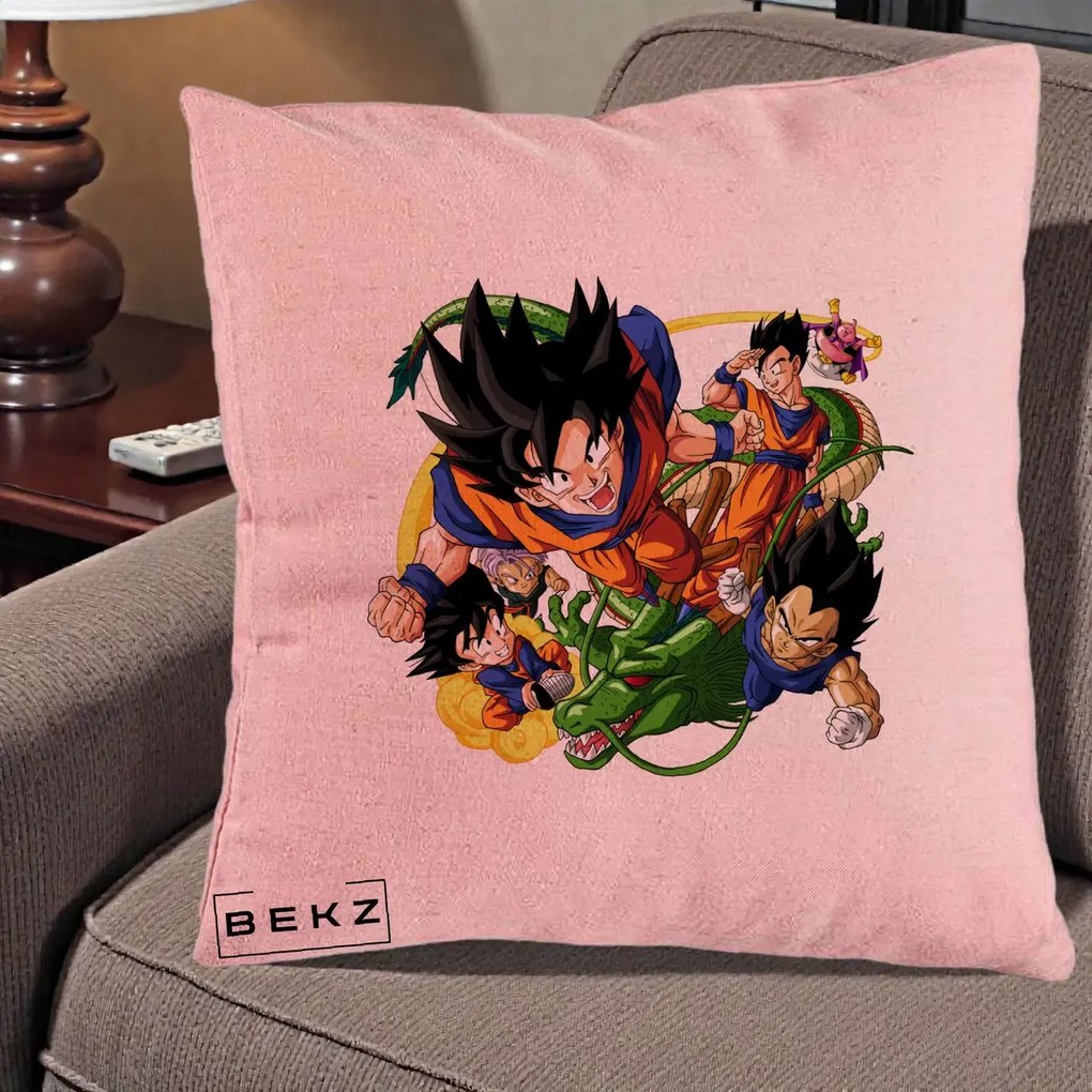 Perna Personalizata Dragon Ball Goku si Shenron Actiune, 40x40 cm, Roz, Husa Detasabila, Perna Inclusa, BEKZ®