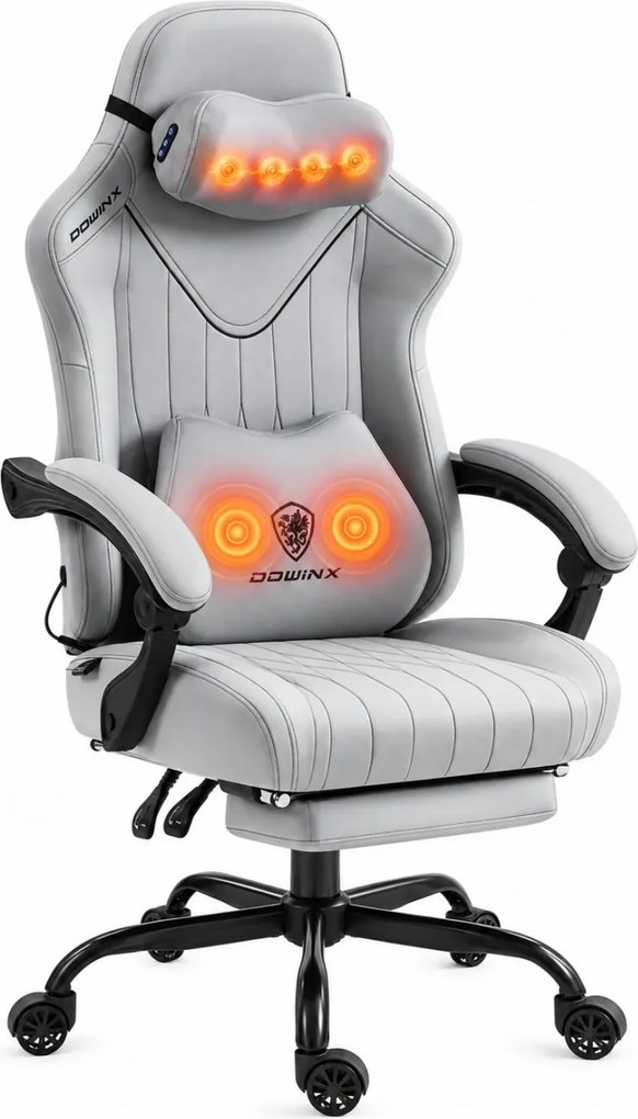 DOWINX 66D59A - Scaun Gaming Ergonomic cu Masaj Shiatsu Cervical cu Încalzire, Masaj lombar, Șezut cu arcuri, Reclinare 90°–145°, Suport picioare, Material respirabil, Gri