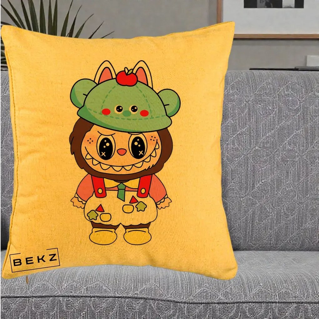 Perna Personalizata Labubu x Urs Albastru Colorat, 40x40 cm, Galben, Husa Detasabila, Perna Inclusa, BEKZ®