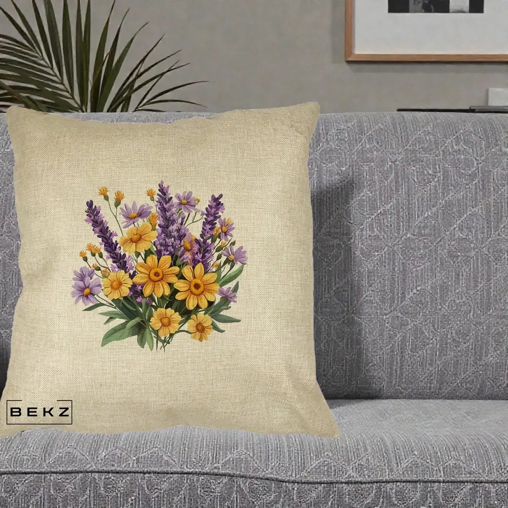 Perna Decorativa Lavanda cu Margarete Galbene si Lila, 40x40 cm, Crem, Husa Detasabila, Perna Inclusa, BEKZ®