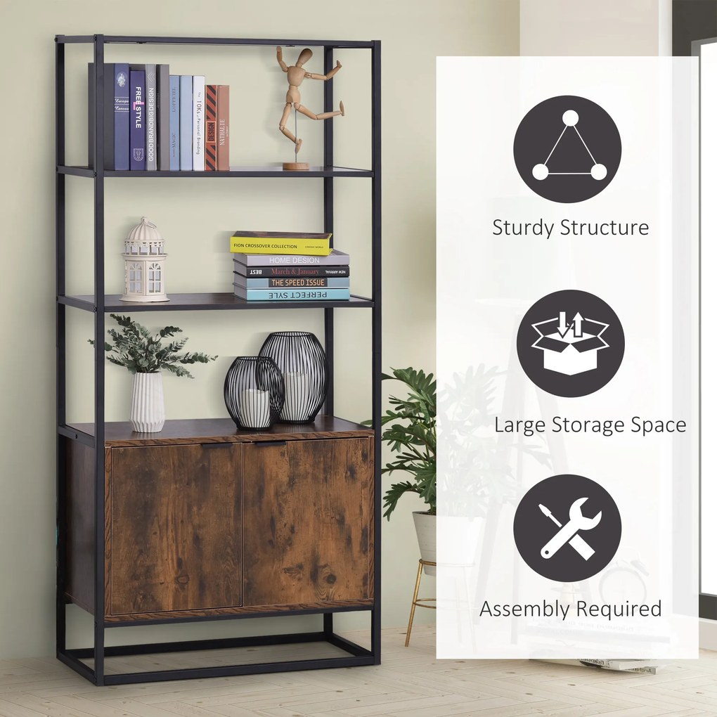 HOMCOM Biblioteca cu 3 Rafturi, Design Inaltat, din Lemn, Cadru din Metal, Negru si Maro 76x33x162.5cm | Aosom Romania