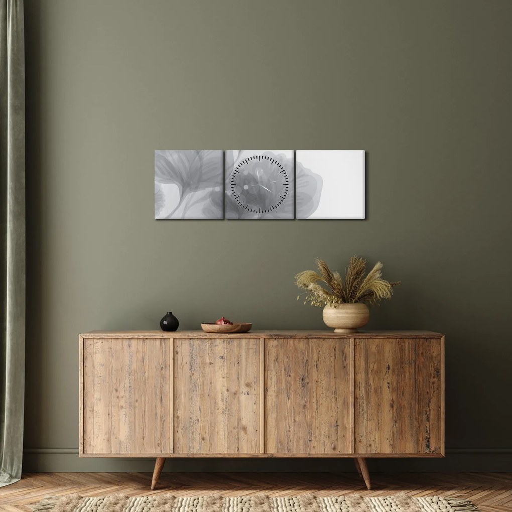 Tablou - Flori în nuanțe gri (cu ceas) (90x30 cm)
