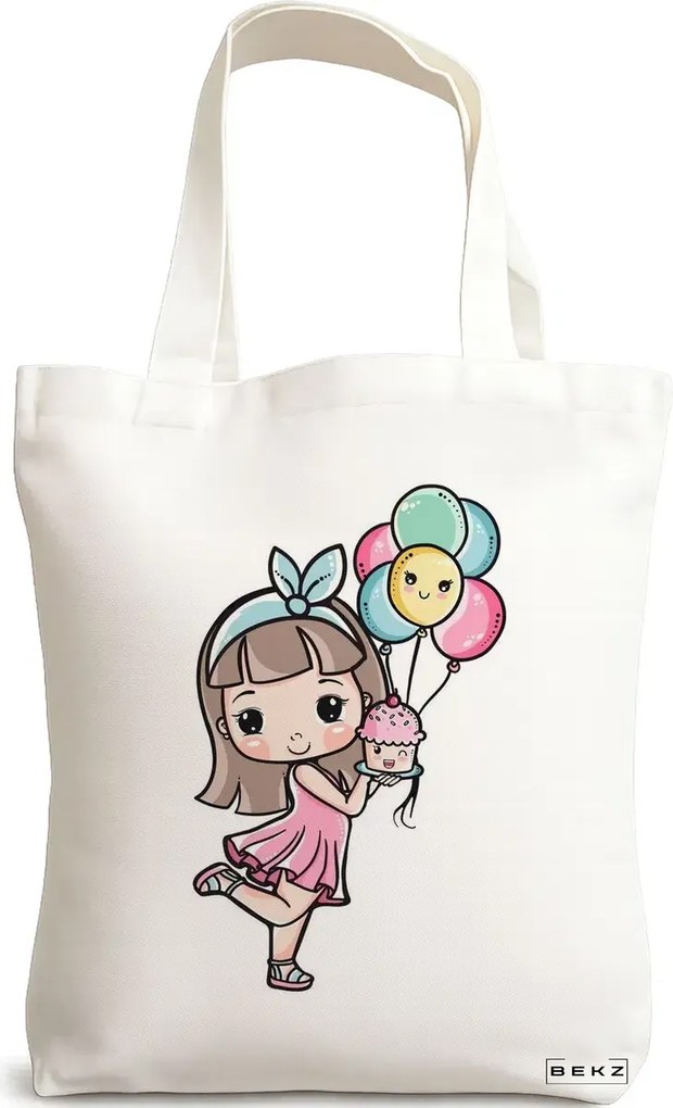 Sacosa de Panza pentru Cumparaturi, Geanta Tote, model Cupcake girl, 38x34.5 cm, Alba, BEKZ®
