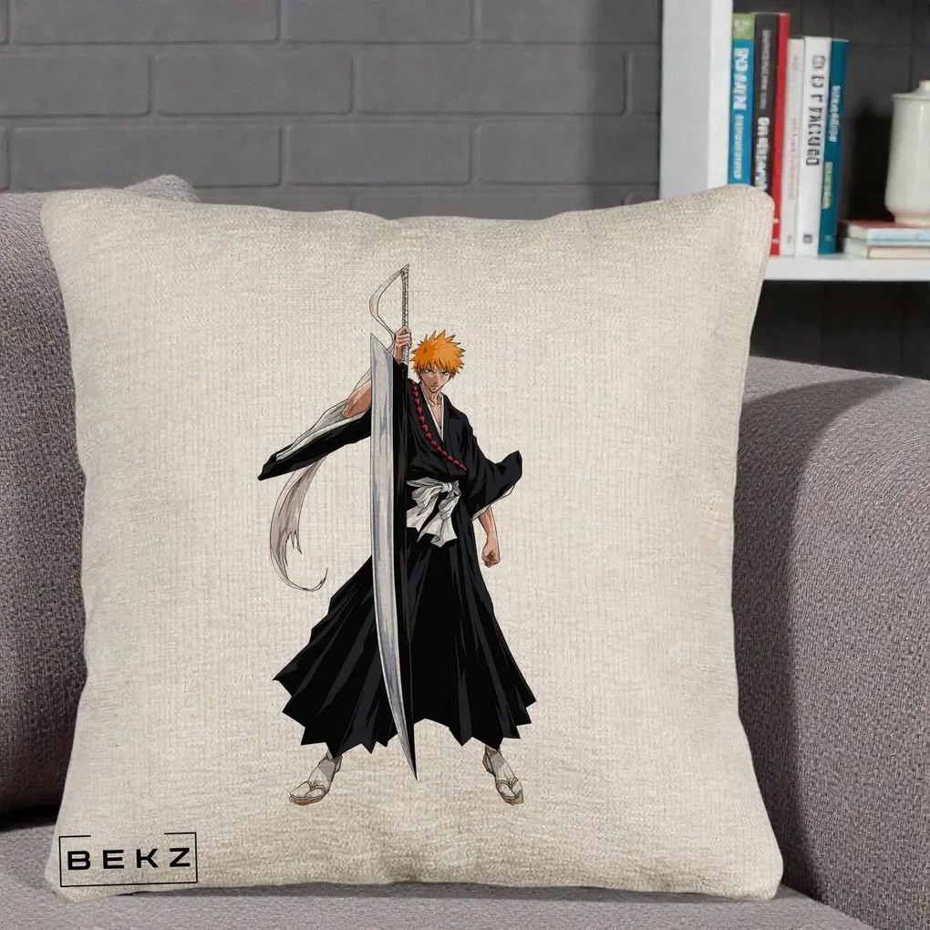 Perna Personalizata Bleach Ichigo Kurosaki Zangetsu, 40x40 cm, Bej Canapea, Husa Detasabila, Perna Inclusa, BEKZ®