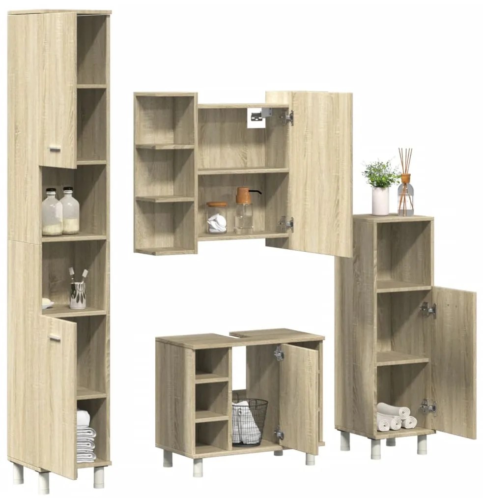 3324970 vidaXL Set mobilier de baie, 4 piese, stejar sonoma, lemn prelucrat