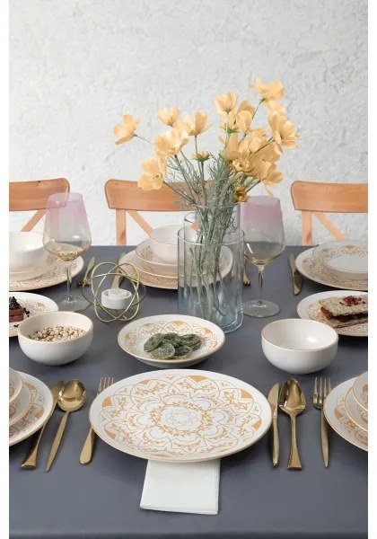 Set veselă 24 piese din ceramică, alb cu accente aurii