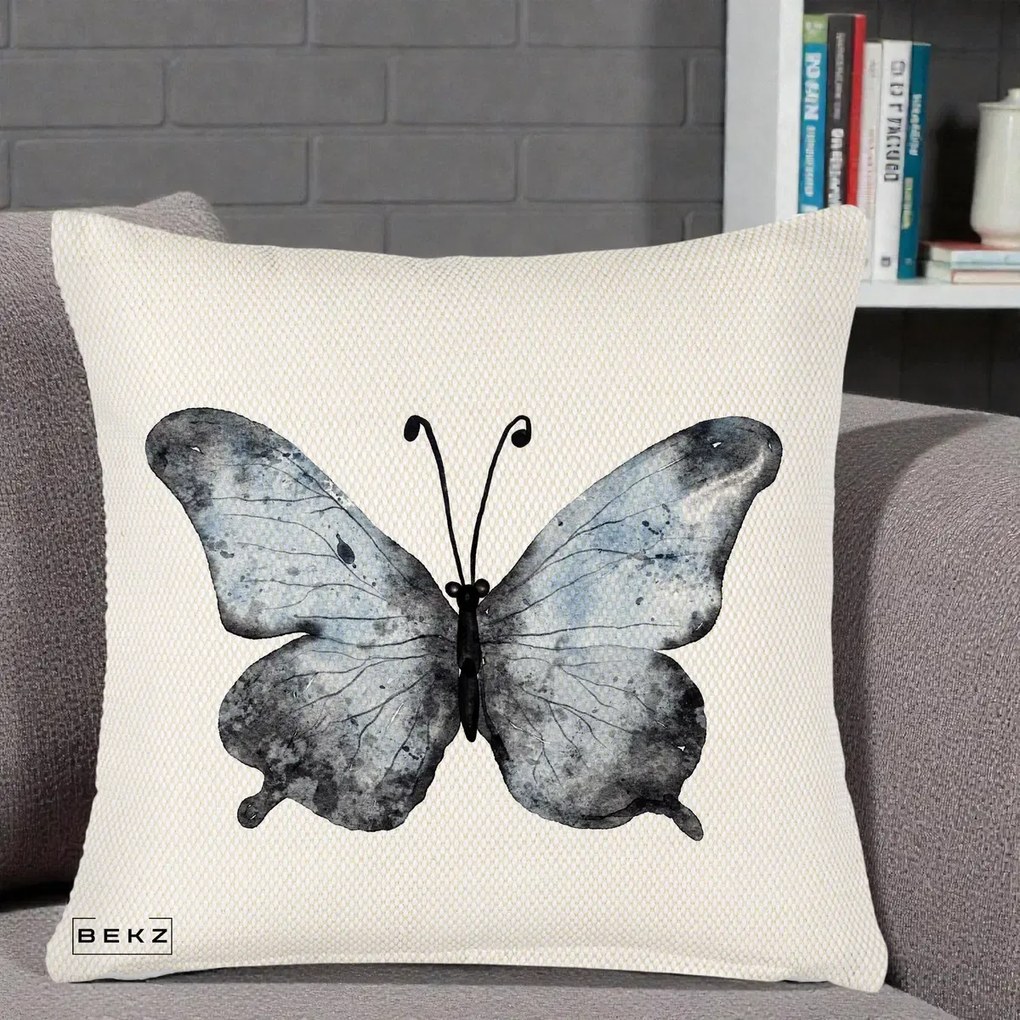 Perna Decorativa Fluture Acuarela Albastru-Gri, 40x40 cm, Crem Reliefat, Husa Detasabila, Perna Inclusa, BEKZ®