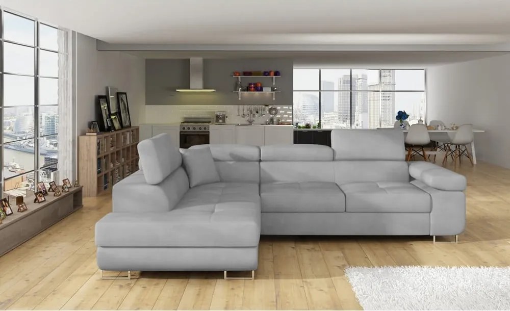 Colțar gri deschis extensibil/cu spațiu de depozitare cu tapițerie din catifea (cu colț pe partea stângă/în formă de ”L”) Anton – ELTAP