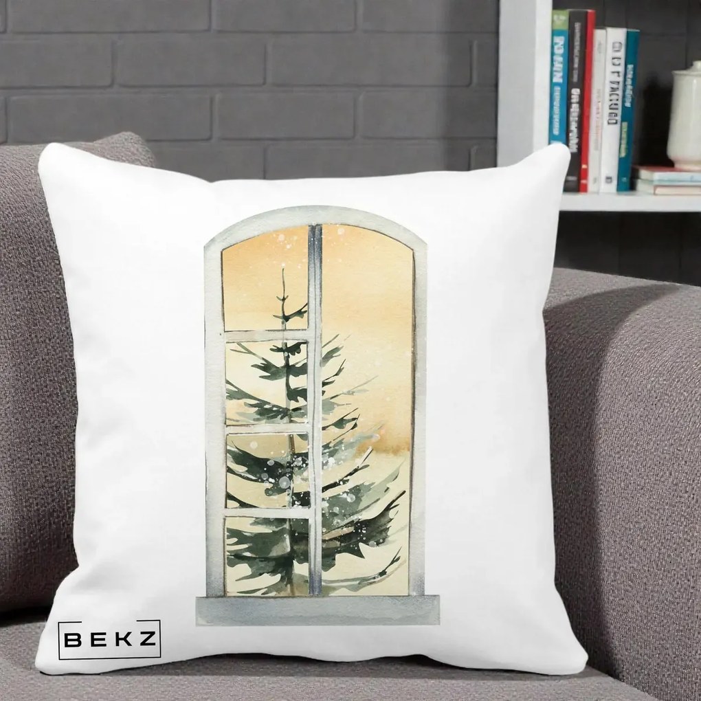 Perna Decorativa Fereastra cu Brad de Iarna, 40x40 cm, Alba Mata, Husa Detasabila, Perna Inclusa, BEKZ®