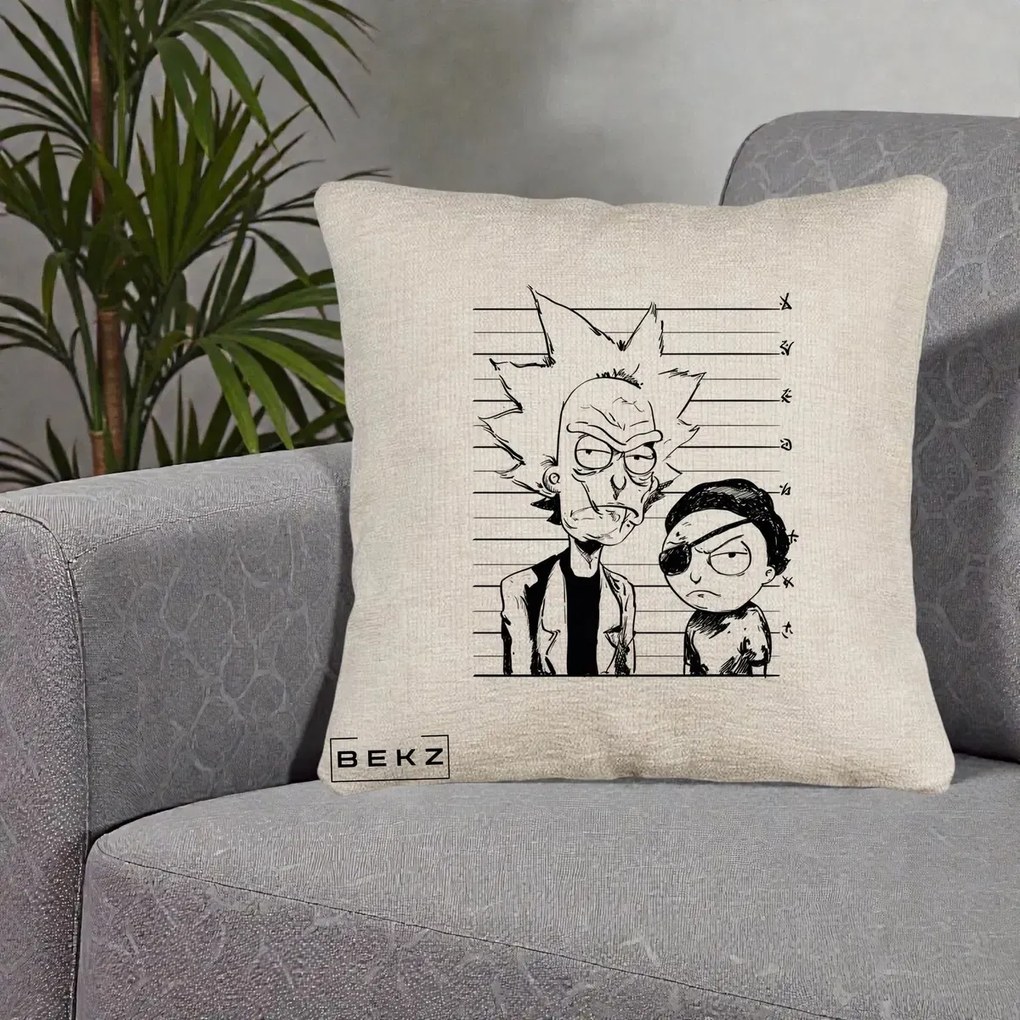 Perna Personalizata Rick si Morty Dosar, 40x40 cm, Bej Canapea, Husa Detasabila, Perna Inclusa, BEKZ®
