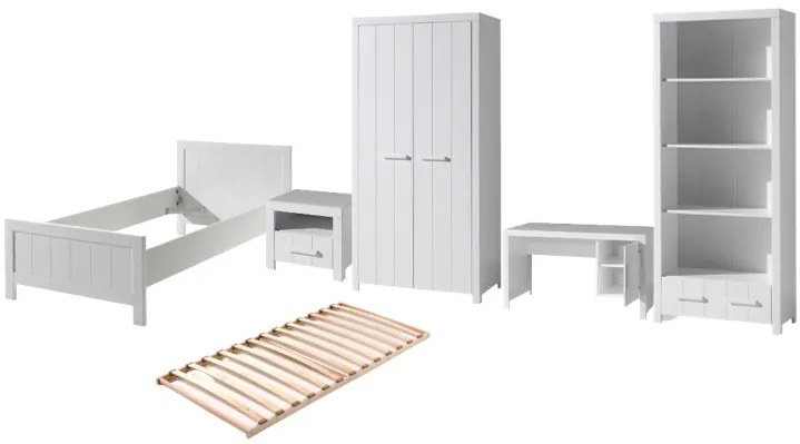 Set Mobilier Cameră Copii ERIK: Pat 90x200 cm, Dulap cu 2 Uși, Birou, Noptieră și Bibliotecă, Alb – Vipack